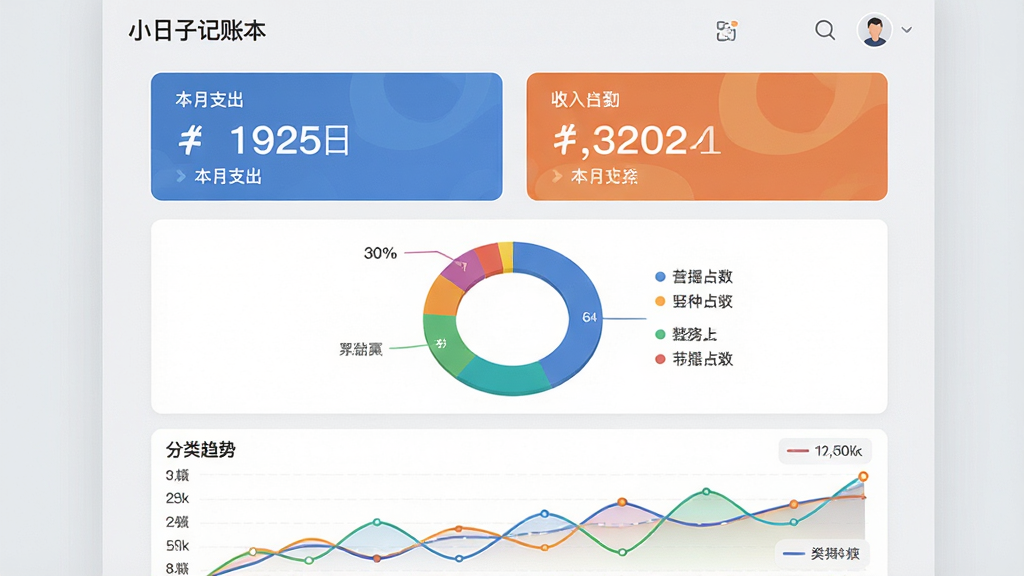 一张数据报表展示图,主体为“小日子记账本”的统计页面,页面上方是本月支出和收入的数字大卡片,中间是环形分类占比图,下方是折线趋势图,色彩丰富但搭配协调,背景为浅灰色,数据图表清晰易读,整体风格简约商务,细节精致,画质干净,无多余元素