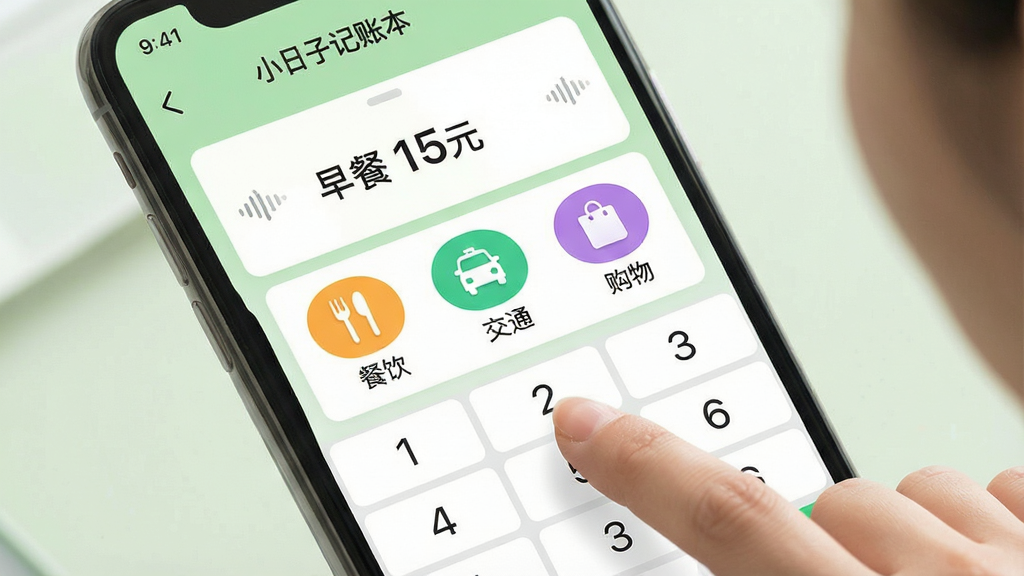 一张手机操作演示图,主体为“小日子记账本”的快速记账界面,一个年轻女性的手指正在点击屏幕上的数字键盘,页面顶部显示“早餐 15元”的语音识别结果,下方有“餐饮”、“交通”、“购物”等彩色分类图标,界面以浅绿色为主色调,搭配白色卡片,整体风格清新自然,细节清晰,画质干净,无多余元素