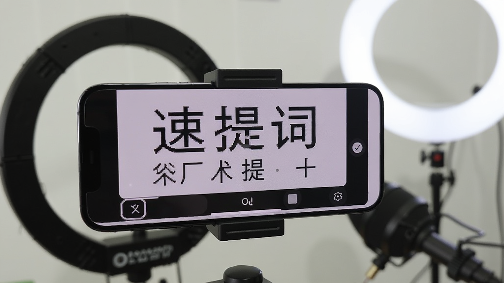一部手机横屏放置在拍摄支架上,手机屏幕显示速提词提词器界面,大号文字清晰滚动显示,背景为浅灰色,旁边是补光灯和麦克风,营造专业录制环境,整体画面简洁明亮