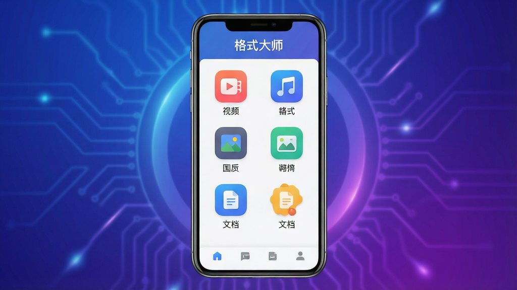 主体:格式大师APP界面全貌展示,手机屏幕内清晰显示软件主界面,上方有“格式大师”字样。布局:居中构图,手机模型置于画面中心,背景为渐变的蓝紫色科技感光效。排版:界面元素排列整齐,功能图标以网格状分布。风格:现代扁平化设计风格,色彩明快。细节:界面图标包括视频、音频、图片、文档等转换功能,图标下方有对应中文名称。画质:8K超高清,画面干净无多余元素。