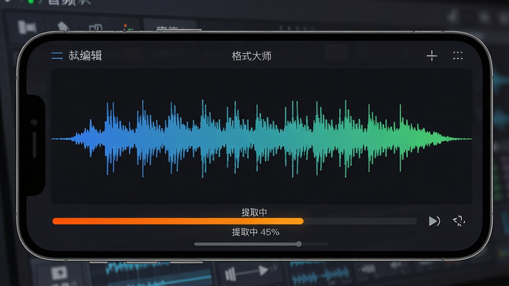 主体:格式大师音频波形编辑界面,展示正在提取音频的进度条。布局:中心构图,界面模拟手机横屏操作。排版:音频波形图占据画面主体,下方有进度条和百分比数字。风格:简洁明快的UI设计,深色背景配合彩色波形线条。细节:波形图以蓝绿渐变色显示,进度条为亮橙色,并标注“提取中 45%”。画质:高清,图像细腻,无多余元素。