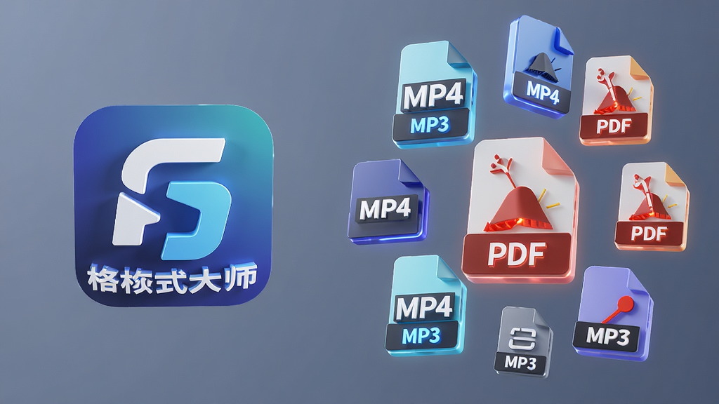 主体:格式大师软件logo与各种文件格式图标(如MP4、MP3、PDF)的组合展示。布局:左右构图,左侧为软件logo,右侧为悬浮的3D格式图标。排版:图标错落有致,大小不一,富有层次感。风格:科技感与未来感结合的3D渲染风格。细节:每个格式图标下方标注其英文缩写,如“MP4”、“MP3”、“PDF”,并带有发光效果。画质:高清渲染,光影效果真实,画面干净无多余元素。