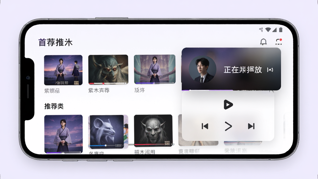 紫木云应用主界面预览图,展示首页推荐、分类导航和正在播放的悬浮窗,主体为手机界面占满画面,布局清晰,排版简洁,风格现代且色调柔和,细节包括封面缩略图和播放控制按钮,画质高清,干净无多余元素