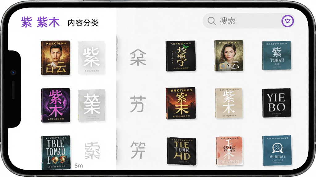 紫木云内容分类界面,展示书架、分类列表和搜索框,主体是手机屏幕截图风格,布局为列表式,排版规整,风格简约明亮,细节包含书籍封面和分类图标,画质清晰,干净无多余元素