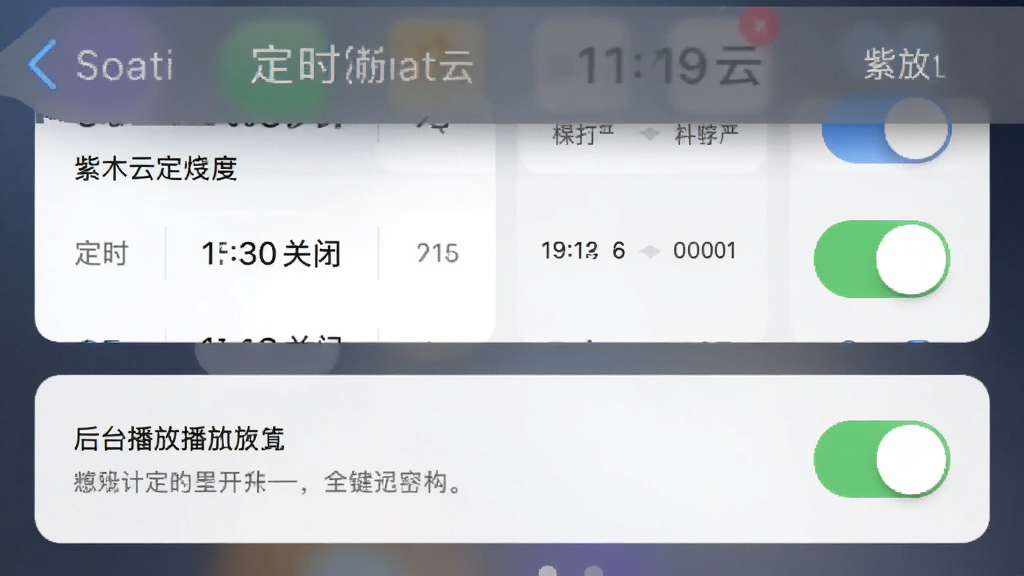 紫木云定时关闭和后台播放设置界面,展示定时选项开关和后台播放开关,主体为设置页截图,布局为卡片式,排版清晰,风格浅色系,细节包含时间选择和提示文字,画质干净