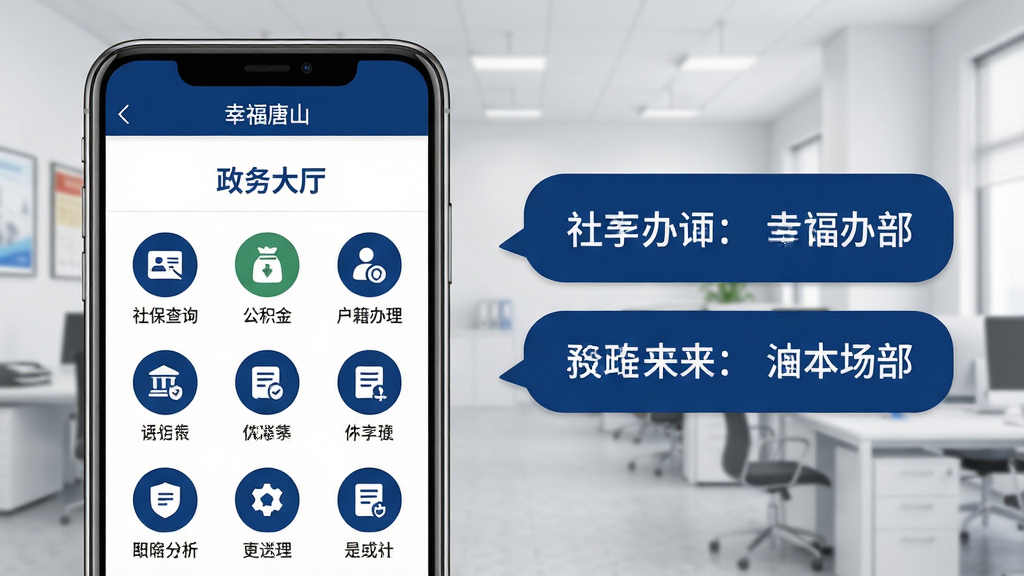 ���壺�Ҹ���ɽApp��������¹��ܽ��棬��ʾ������������������·����ж��Բ�ι���ͼ�꣬�硰�籣��ѯ�����������𡱡��������������ȡ����֣��ֻ���Ļ�����Ҳ�����˵�����������ݣ�����Ϊǳ��ɫ�칫�������Ű棺����ͼ�������״���У�����˵���������̡���������Լ��ɫ���������Ͱ�ɫΪ����ͻ����ʽ�С�ϸ�ڣ�ͼ���·���ע�������ƣ���Ļ������ʾ���Ҹ���ɽ�������������ʣ���ϸ��Ⱦ���ɾ��޶���Ԫ�ء�