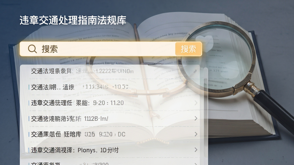 违章交通处理指南法规库界面,展示交通法规条文列表,搜索框高亮,背景为书本和放大镜元素,风格简约商务,排版有序,细节精致,画质高清,干净无多余元素
