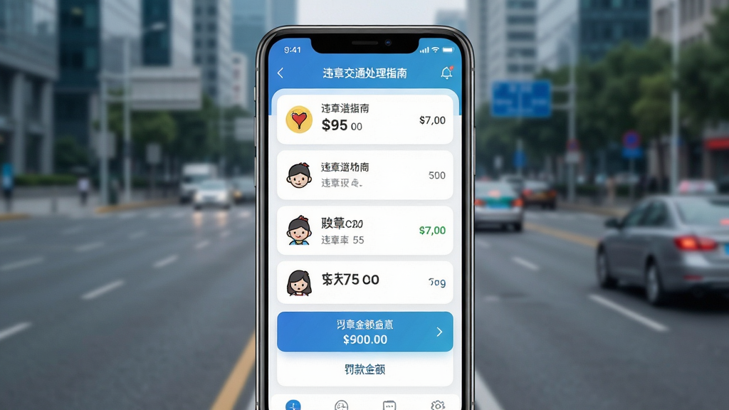 违章交通处理指南应用主界面展示,手机屏幕显示违章列表和罚款金额,背景为城市道路,风格简洁现代,UI设计清爽明亮,画质高清,干净无多余元素