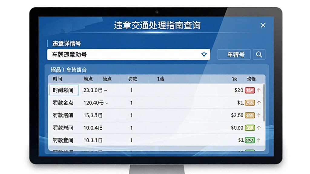 违章交通处理指南查询界面,输入车牌号后显示违章详情列表,包含时间地点罚款金额,界面以蓝色调为主,布局清晰,排版整齐,风格商务,细节丰富,画质高清,干净无多余元素