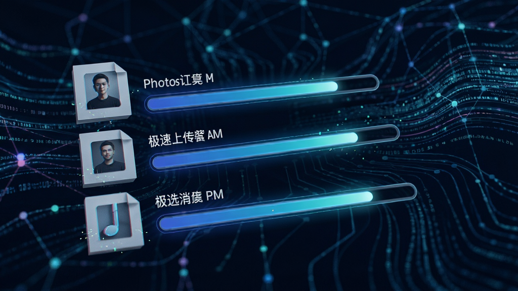 photist极速上传功能示意图,画面显示多首音乐文件同时传输,进度条快速推进,背景为抽象网络数据流,风格科技感,高清画质,干净无多余元素