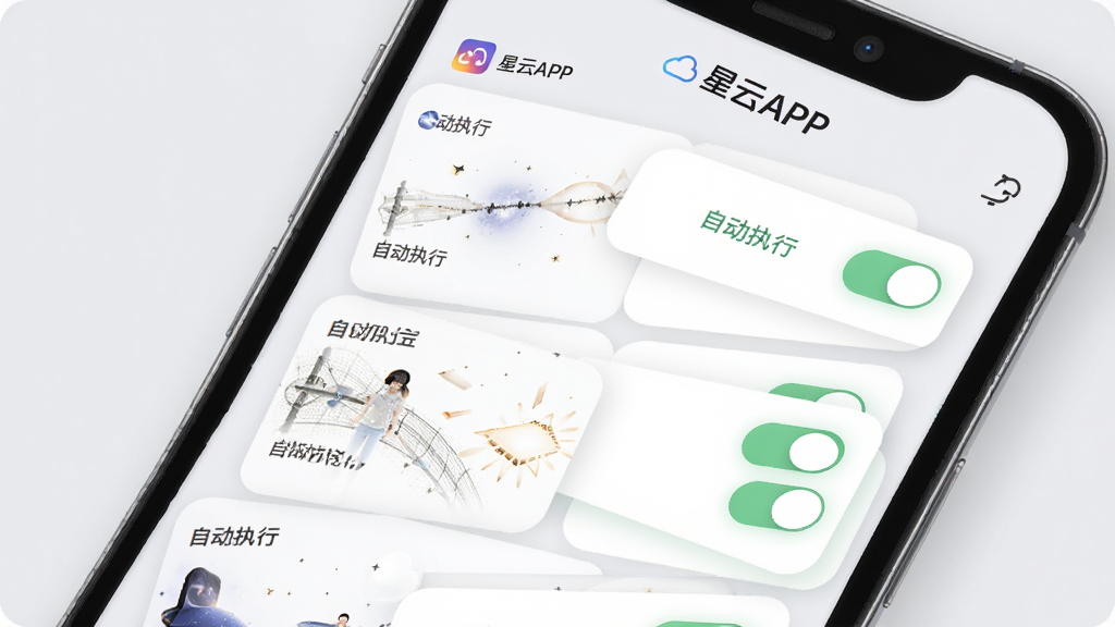 ����APP�Զ����������н��棬�ֻ���Ļ����ʾһϵ������Ƭ��ÿ����Ƭ���С��Զ�ִ�С����أ�����Ϊǳ��ɫ����ƬΪ��ɫԲ����ƣ������С�����APP��Ʒ�Ʊ�ʶ����������ˬ��ϸ�ڷḻ�������������޶���Ԫ��