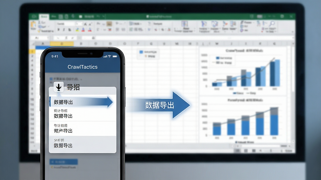 一张CrawlTactics导出数据到Excel的流程示意图,前景是一台手机屏幕显示导出选项菜单,背景是模糊的电脑屏幕,上面有Excel表格与图表。整体风格偏向商务科技感,色彩以蓝灰为主,布局清晰,突出“数据导出”与“分析”的衔接。画质干净,细节到位,无多余元素。