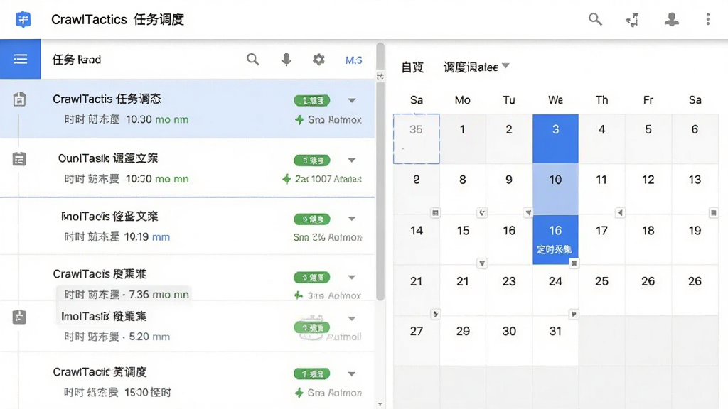 展示CrawlTactics任务调度界面的截图风格图片,左侧是任务列表,显示多个定时任务状态,右侧是日历样式的调度设置面板。界面采用简洁的Material Design风格,以白色和蓝色为主,布局规整,重点突出“定时采集”功能。画质清晰,细节丰富,无多余元素,整体给人专业可靠的印象。