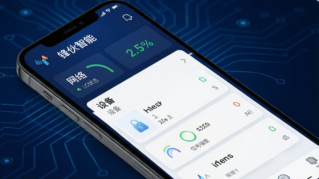 锋伙智能主界面展示图,手机屏幕中显示简洁的设备管理仪表盘,包含网络状态、设备列表、信号强度等核心模块,整体采用深蓝色科技感背景,布局清晰,图标精致,画质高清,干净无多余元素,文字标注“锋伙智能”