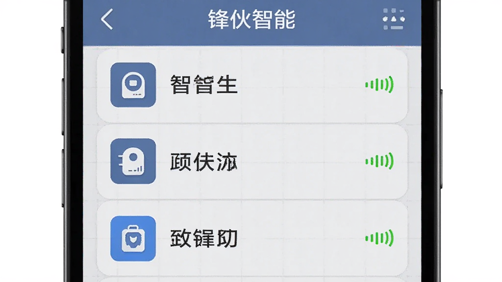 锋伙智能设备发现功能截图,手机界面显示扫描到的设备列表,每个设备配有图标、名称和信号指示,背景为浅灰色网格,突出科技感,画面干净,高清,带有“锋伙智能”标识