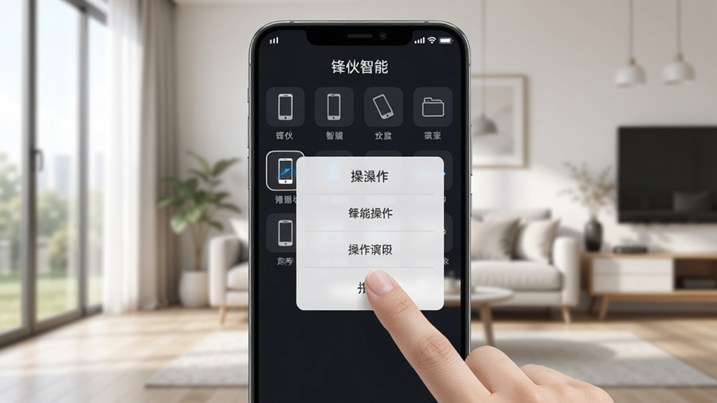 锋伙智能手机操作演示图,用户手指点击屏幕上的设备图标,界面显示操作菜单,背景为简约家居环境,光线自然,画质高清,干净无多余元素,包含“锋伙智能”字样