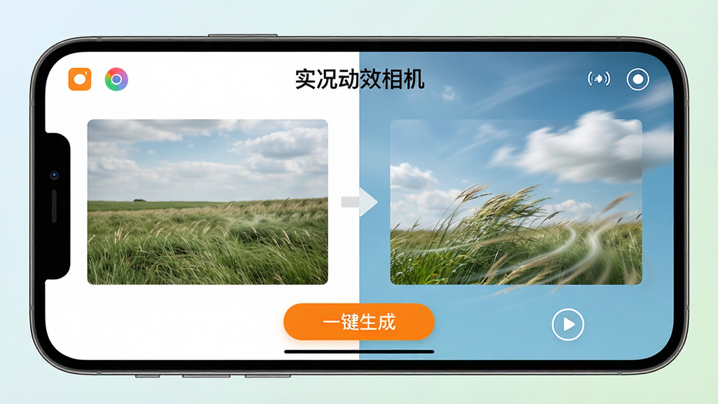 主体:手机横屏界面展示“实况动效相机”一键动效操作过程,左侧为原始静态照片,右侧为应用动效后的动态效果对比图。布局:左右分割构图,中间以箭头连接,下方有“一键生成”的橙色按钮。排版:界面UI清晰,图标简洁,对比效果直观。风格:现代扁平化设计风格,色彩明快。细节:右侧动态效果图中有明显的风吹草动和云层飘动轨迹。画质:高分辨率,细节清晰,画面干净无多余元素。