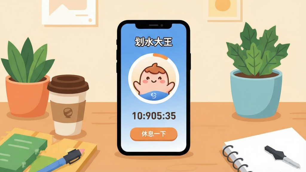 主体:划水大王软件界面,手机屏幕显示可爱卡通形象和倒计时圆环,周围有咖啡杯、绿植等办公桌元素。布局:居中构图,手机位于画面中央,周围环绕休闲元素。排版:简洁清晰,界面元素分布均匀。风格:扁平化插画风,色彩明快温暖。细节:界面显示“划水大王”字样和“休息一下”按钮,倒计时数字清晰可见。画质:高清,干净,无多余元素。