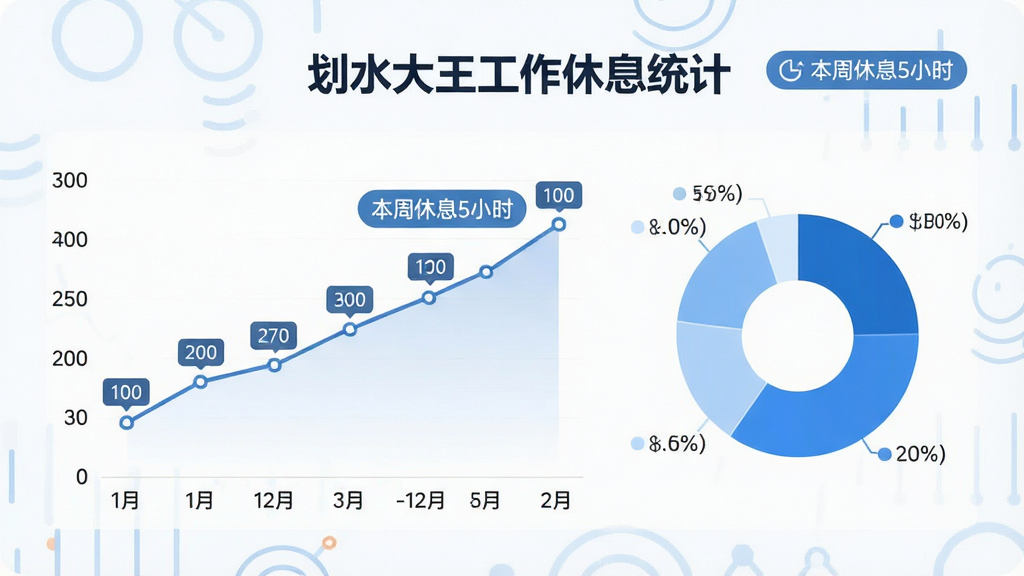 主体:划水大王数据统计图表,折线图与饼图展示工作休息比例。布局:图表居中,数据标签清晰。排版:简洁专业,突出数据趋势。风格:现代商务风,蓝白配色。细节:图表标题为“划水大王工作休息统计”,有“本周休息5小时”字样。画质:高清,干净,无多余元素。