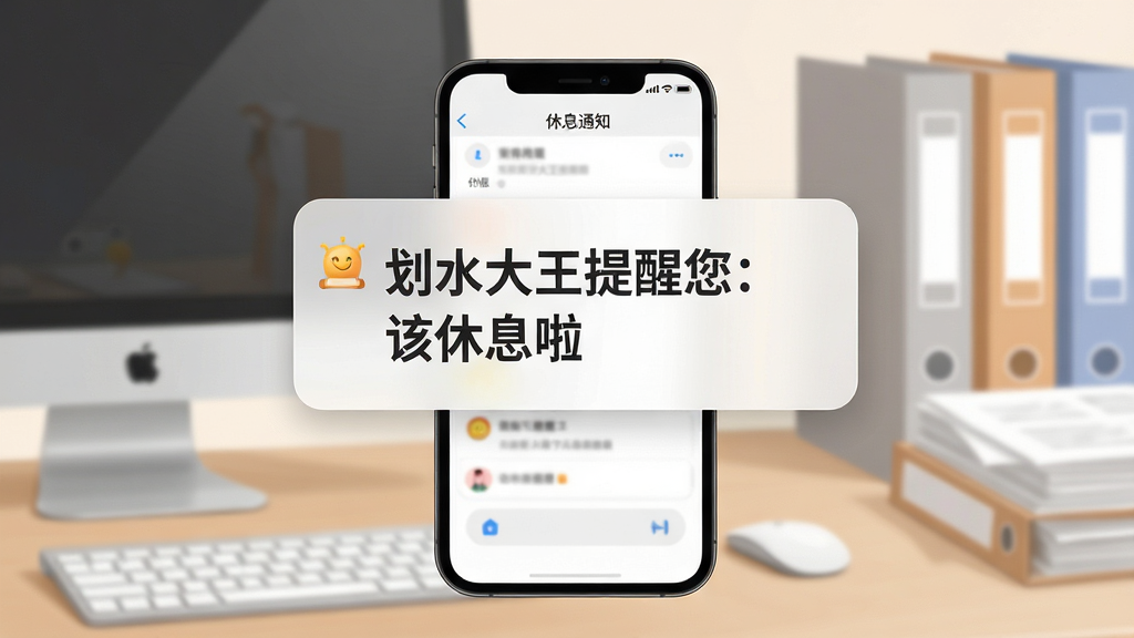主体:划水大王智能提醒功能示意图,手机弹出休息通知,背景为办公场景。布局:手机居中,通知卡片放大显示。排版:清晰直观,突出提醒内容。风格:写实与插画结合,色调柔和。细节:通知卡片上写着“划水大王提醒您:该休息啦”,背景有电脑和文件。画质:高清,干净,无多余元素。