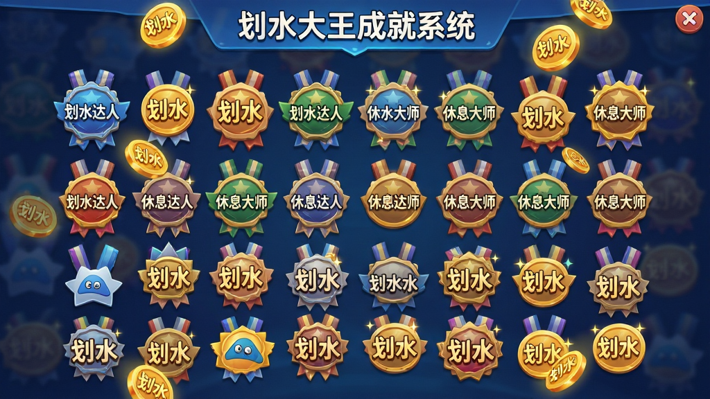 主体:划水大王成就系统界面,展示各种彩色勋章和金币动画。布局:勋章墙居中,金币飘落点缀。排版:网格状排列,错落有致。风格:游戏化UI设计,色彩鲜艳。细节:勋章上有“划水达人”“休息大师”等字样,金币上有“划水”字样。画质:高清,干净,无多余元素。