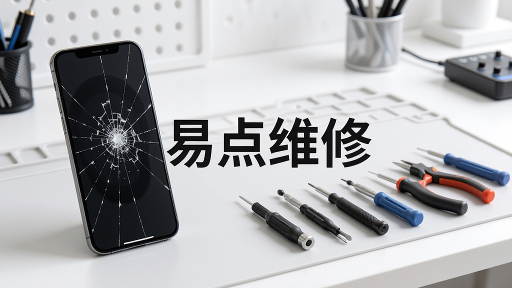 一张现代简约风格的智能手机与家电维修服务展示图,主体为一部屏幕破裂的智能手机和旁边整齐摆放的专业维修工具,背景是干净明亮的室内工作台,布局清晰,排版有序,风格写实,细节丰富,画质高清干净,无多余元素,图片中央醒目位置带有“易点维修”字样