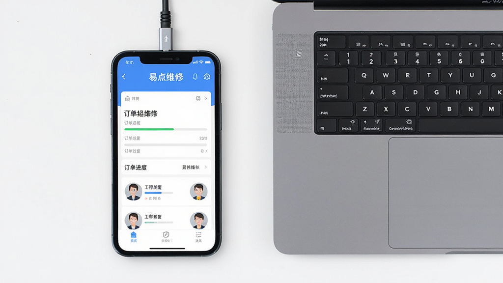 一幅智能手机与电脑并排连接的俯视图,主体是两台设备屏幕上都显示“易点维修”APP界面,布局清晰,排版整洁,风格现代,细节展示APP内订单进度条和工程师头像,画质高清干净,无多余元素