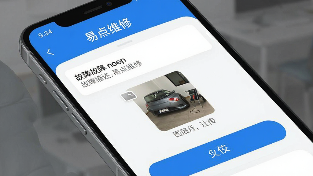 一幅展示手机APP一键下单界面的概念图,主体是放大版的手机屏幕,屏幕上显示“易点维修”下单页面,包含故障描述、图片上传和定位按钮,布局简洁,排版现代,UI风格清爽,细节突出蓝色主色调,画质清晰干净,无多余元素