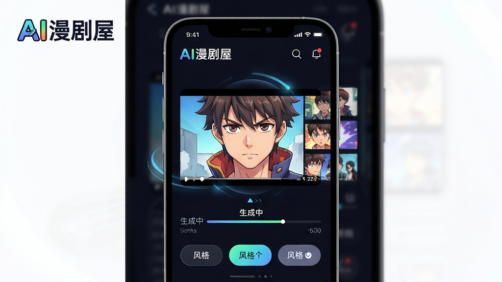 画面主体为一部智能手机屏幕内展示AI漫剧屋创作界面,屏幕中央是一部正在播放的彩色动态漫剧,画面包含一个主角特写与背景分镜缩略图,界面下方有“生成中”进度条和风格选择按钮。布局采用手机居中、深色背景衬托,排版简洁清晰,突出软件名称“AI漫剧屋”的Logo位于屏幕左上角。风格为现代科技感UI设计,色彩鲜艳明快,细节包括流畅的线条、光影渐变和微动效元素,画质为8K超清渲染,干净无多余元素。