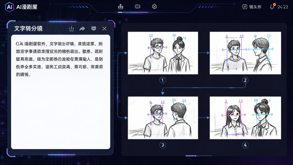 画面主体为AI漫剧屋软件的“文字转分镜”功能界面,左侧是输入框,包含一段中文剧情文字,右侧自动生成四格分镜草稿图,每个分镜下方标注镜头序号。布局为左右分栏式,深色背景配蓝紫色科技光效,排版规整,细节展示分镜连接线和角色位置标注,风格为简洁现代UI,画质清晰干净,无多余元素。