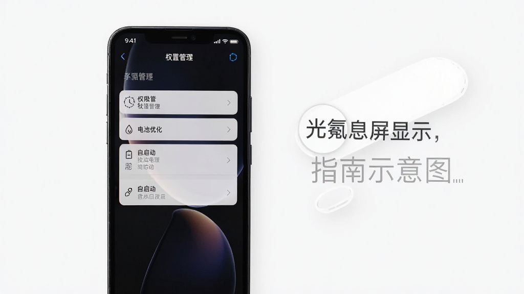 光氪息屏显示,使用指南示意图,手机屏幕显示设置界面,包含权限管理、电池优化、自启动设置等选项,主体为手机截图,布局清晰,风格简洁,细节真实,画质高清,干净无多余元素
