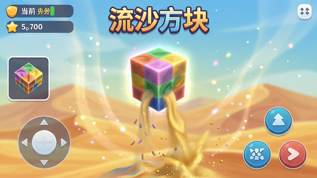 ���壺��ɳ������Ϸ�����棬��Ļ���������Ų�ɫ��ɳ���ɵķ��飬������������ɳĮ���Ӱ��Ч�����֣��������������ƣ�������ʾ��ǰ�÷���ȼ����ײ�Ϊ������ư��������Ϊ��һ������Ԥ�����Ű棺����ɾ����࣬UIԪ�ز������������ڵ���Ϸ����ͻ���������µĶ�̬���̡�����ִ���ͨ��Ⱦ��ɫ��������������ɳ����ϸ����ͣ������λù��Ρ�ϸ�ڣ�����������΢Сɳ����ɣ�����ʱɳ������Ʈ�䣬����ʱ������ɫɳ�����ţ���Ϸ���⡰��ɳ���顱����������ʾ����Ļ�Ϸ������ʣ�����1080p����Ӱ��Ȼ������Ч���������ɾ��޶���Ԫ�ء�