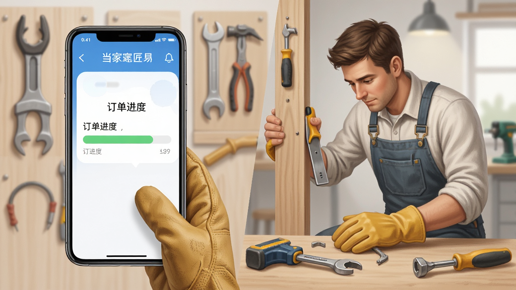 当家工匠APP使用教程场景插画,主体为手机显示订单进度条,背景是工匠正在维修,布局分屏式,排版叙事风格,风格写实,细节包括工具、防护手套,画质干净无多余元素