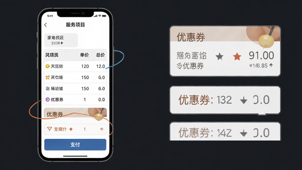 当家工匠APP价格明细页面展示图,主体为手机屏幕显示服务项目、单价、总价,布局表格形式,排版规整,风格简洁商务,细节包括优惠券、支付按钮,画质清晰无多余元素