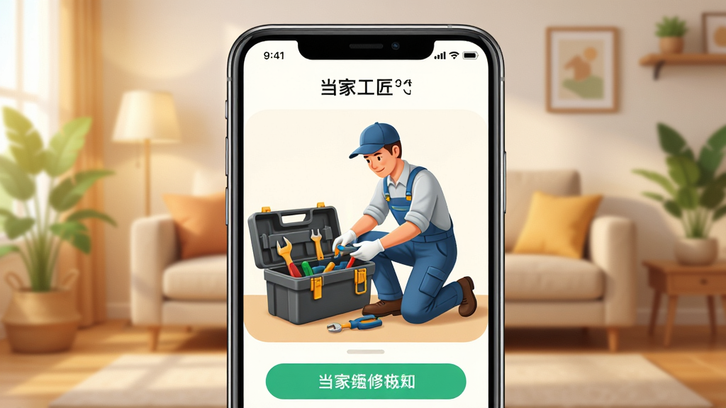 一幅展示当家工匠APP开屏界面的高清数字插画,主体为手机屏幕中显示工匠上门维修场景,背景是温馨的客厅,布局居中,排版简洁,风格写实明亮,细节包括工具箱、工作服,画质清晰干净无多余元素