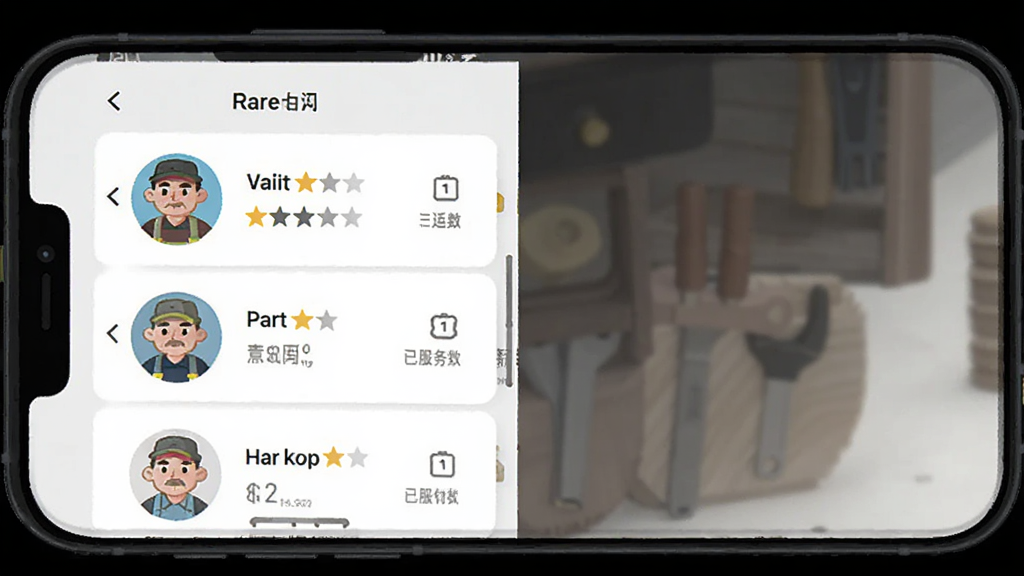 当家工匠APP智能匹配界面截图风格插画,主体为手机界面显示多位工匠头像、评分和距离,布局列表式,排版清晰,风格扁平化,细节包括星级评分、已服务人数,画质干净无多余元素