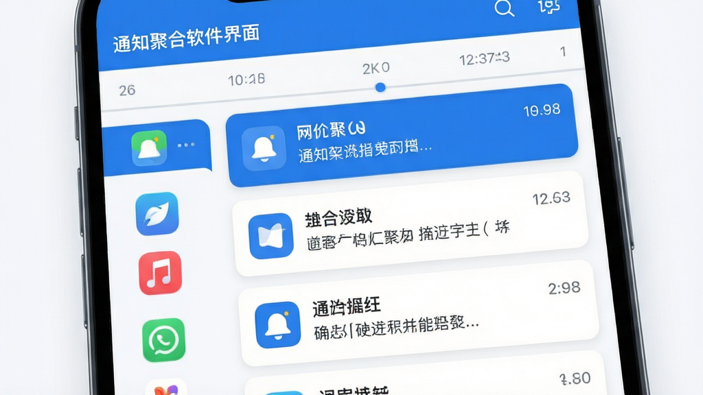 主体:通知聚合软件主界面,手机屏幕展示聚合后的通知列表;布局:界面左侧为应用图标列表,右侧为对应通知消息预览,顶部为时间轴;排版:简洁清晰的列表式布局,卡片分块;风格:现代扁平化设计,蓝白主色调,背景干净明亮;细节:通知卡片带有应用小图标和文字摘要,时间标签清晰可见;画质:4K高清渲染,干净,无多余元素。