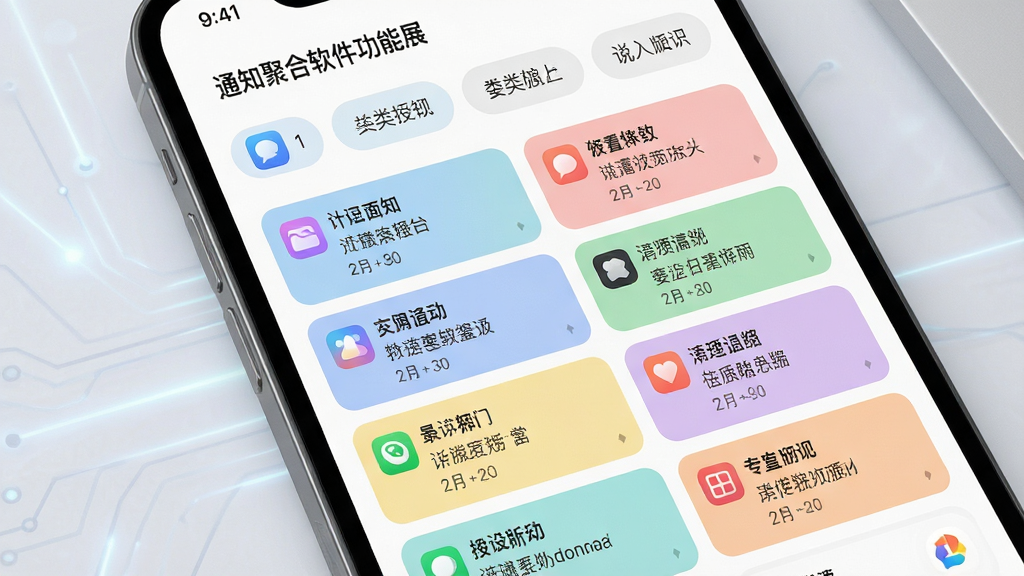 主体:通知聚合软件功能展示图,手机屏幕显示分类聚合的通知列表;布局:屏幕上方为分类标签栏,下方为不同颜色的通知卡片流;排版:网格状分布,卡片之间留有均匀间距;风格:科技感与简约风结合,色彩柔和;细节:每张卡片显示应用名称、图标、通知内容摘要和时间;画质:高清细腻,干净,无多余元素。