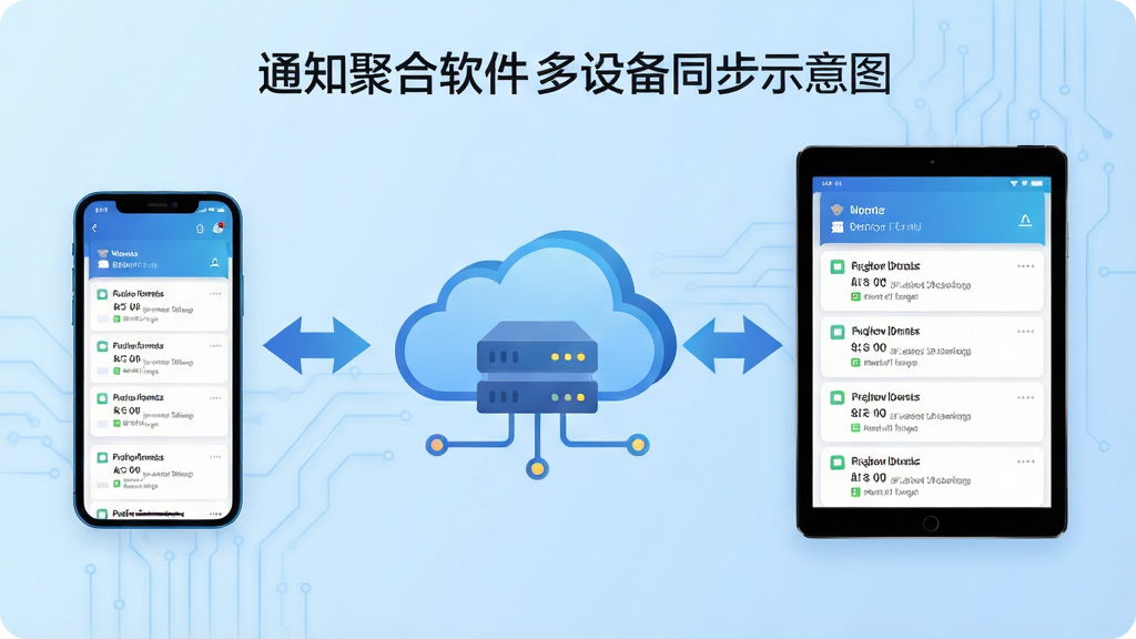主体:通知聚合软件多设备同步示意图;布局:画面中央为云服务器图标,左右两侧分别连接手机和平板电脑;排版:对称式构图,设备屏幕显示相同的聚合通知界面;风格:现代科技插画风,背景为渐变的浅蓝色;细节:同步箭头清晰可见,设备屏幕上有通知列表元素;画质:高分辨率渲染,干净,无多余元素。
