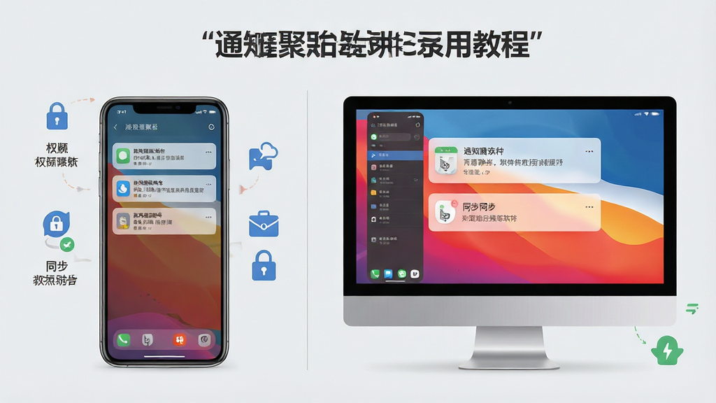 主体:通知聚合软件使用教程示意图,手机与电脑模拟器对比;布局:左侧为手机屏幕,右侧为电脑显示器,均显示通知聚合界面;排版:左右分栏式对比布局;风格:写实与扁平结合,背景浅灰;细节:设备周围有权限设置、同步图标等元素点缀;画质:清晰锐利,干净,无多余元素。