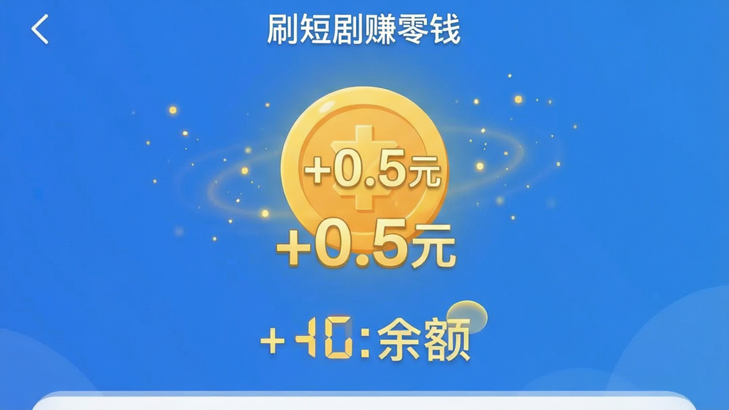 主体为“刷短剧赚零钱”应用的奖励结算界面截图,界面中央有一个大大的金色硬币图标,旁边标注“+0.5元”字样,下方是账户余额数字。布局采用界面居中展示,周围有细微的金色光效粒子。排版干净清爽,风格为扁平化UI设计风格,细节上突出余额数字的跳动动画感,画质清晰,色彩明亮干净,无多余元素。