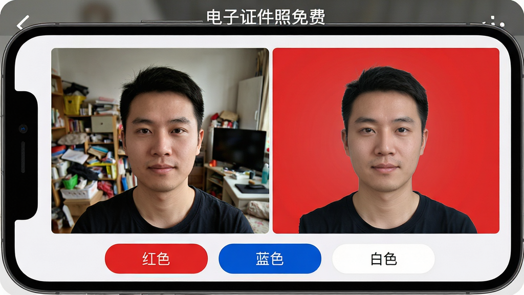 主体:手机屏幕特写,显示“电子证件照免费”软件中的智能换底色功能界面。布局:屏幕左侧是原始照片,右侧是更换底色后的效果预览,下方有“红色”、“蓝色”、“白色”等颜色选项按钮。排版:界面简洁直观,对比效果明显,操作按钮醒目。风格:写实风格,屏幕光影自然,色彩还原准确。细节:原始照片背景为杂乱的室内环境,换底色后人物边缘光滑无毛刺,新背景色均匀纯净,画质高清,干净无多余元素。