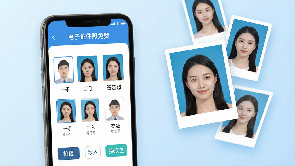 主体:一部智能手机屏幕显示“电子证件照免费”应用界面,界面中有各种证件照尺寸模板,如一寸、二寸、签证照等。布局:手机位于画面中央偏左,右侧悬浮着几张拍好的证件照成品,背景为柔和的浅蓝色渐变。排版:界面布局清晰,功能图标排列整齐,有“拍摄”、“导入”、“换底色”等按钮。风格:现代扁平化设计风格,色彩明快,光影柔和。细节:手机屏幕上的证件照人像清晰、表情自然,背景色纯正,画质高清,干净无多余元素。