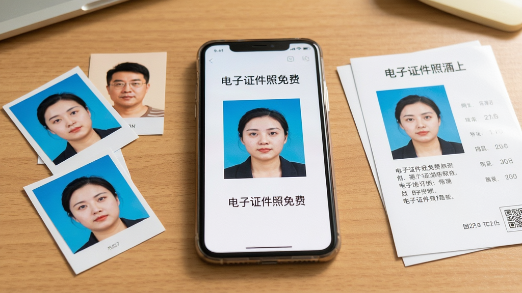 主体:一部手机平放在桌面上,屏幕显示“电子证件照免费”的成品预览页面。布局:手机旁边摆放着几张小尺寸的打印照片和一张证件照回执单。排版:桌面整洁,光线明亮,手机屏幕中的证件照清晰可见。风格:写实生活化场景,画面温馨自然。细节:照片中的人物形象端正,背景色纯正,打印出的照片色彩与屏幕显示一致,画质高清,干净无多余元素。