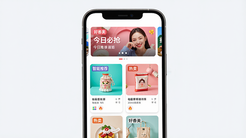 好香美App的智能推荐界面展示图,主体为手机屏幕,上方显示“今日必抢”轮播横幅,下方为瀑布流商品卡片,卡片上标有“智能推荐”、“热卖”标签,布局错落有致,风格现代简约,色彩明快,画质清晰,无多余元素,包含“好香美”字样。
