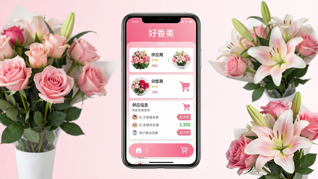 一张展示好香美鲜花交易平台核心全貌的图片,主体为智能手机界面,屏幕上显示鲜花分类列表、供应商信息、价格标签与购物车图标,布局清晰,采用扁平化设计风格,色彩以粉白渐变为主,搭配新鲜玫瑰花、百合等花束元素,画质干净,无多余元素,突出“好香美”品牌名称。