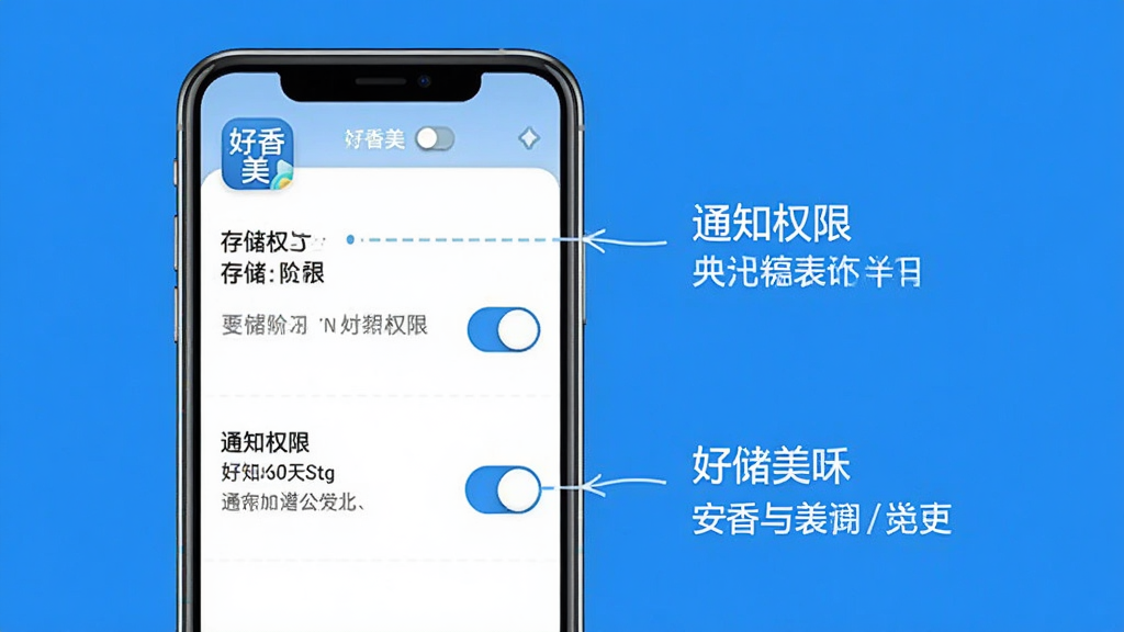 好香美App的安装与设置界面说明图,主体为手机屏幕截图,显示“存储权限”和“通知权限”的开关状态,旁边配有文字注解,布局简洁,采用蓝白配色,画质清晰,干净无多余元素,包含“好香美”应用图标。