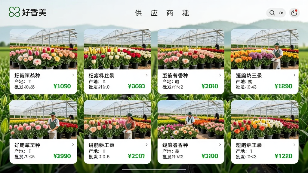 好香美App的供应商列表页面截图风格图片,主体为多个鲜花基地实拍照片的卡片式排列,每张卡片标注鲜花品种、产地与批发价格,布局整齐,采用清新自然的摄影风格,背景为绿色花田与花棚,画面明亮通透,画质细腻,干净无多余杂物,突出“好香美”品牌标识。