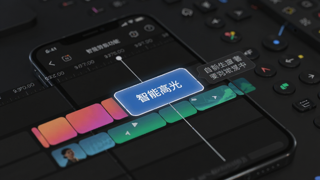 展示Motion智能剪辑功能,手机屏幕中时间线轨道上有多段彩色片段,其中一段被高亮标记为“智能高光”,旁边有自动生成的文字标签,背景为深色工作台,界面简洁,UI细节清晰,高清渲染,画质干净