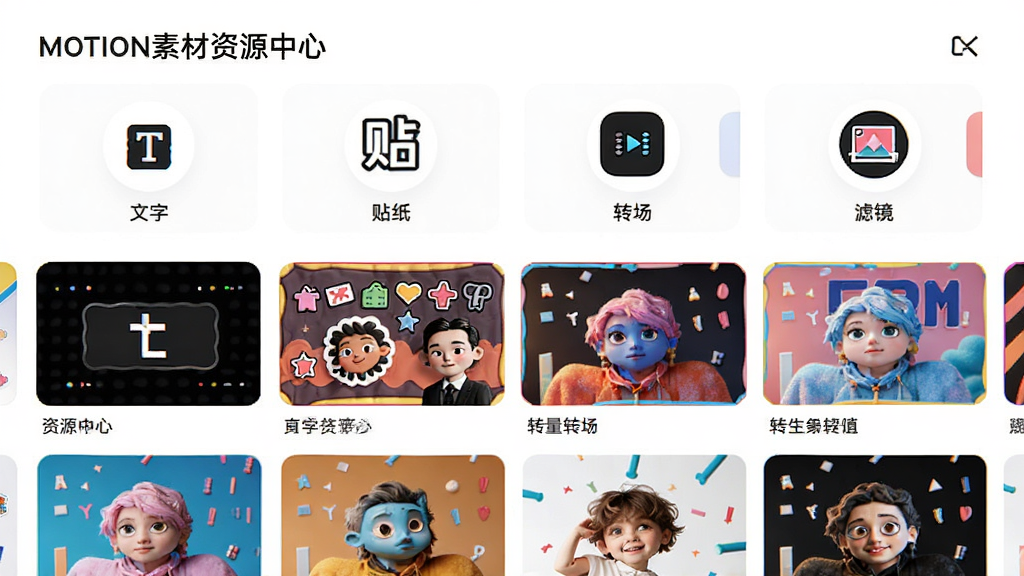 展示Motion素材资源中心,分为“文字”、“贴纸”、“转场”、“滤镜”等分类图标,下方展示一些精美素材缩略图,背景为白底,界面明亮,素材风格多样,高清展示,干净简洁